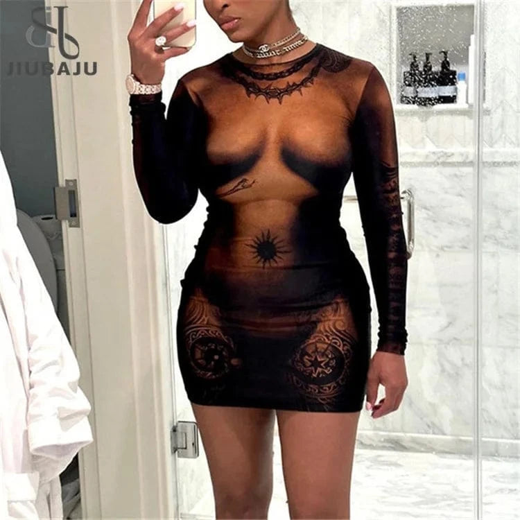 2024 Spring Autumn Women Above Knee Milk Silk Dress 3D Body Print Mini Dress