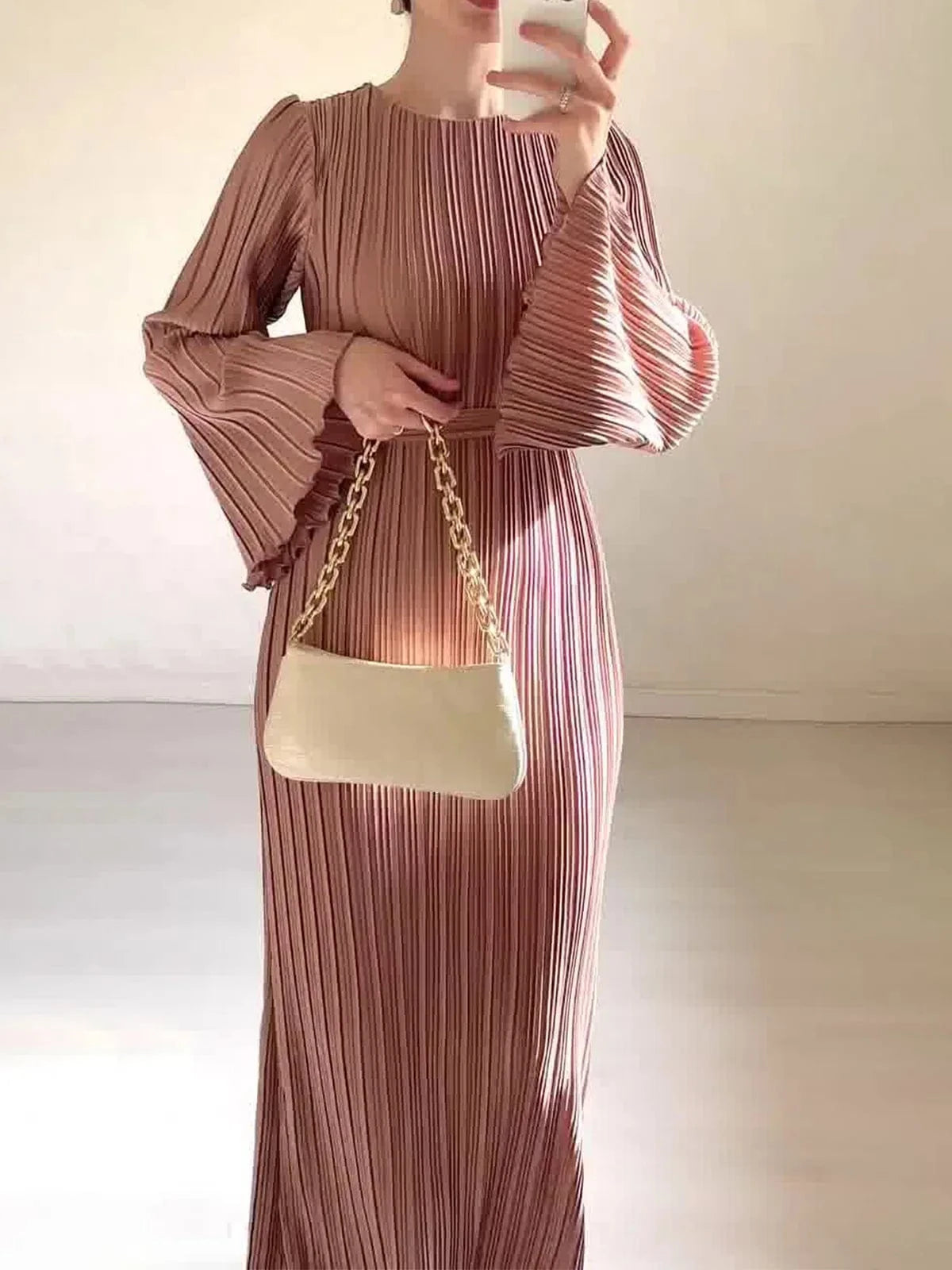 2024 Spring Autumn Women New Fashion Long Dress Women's Casual Solid Color Round Neck Dress Trumpet Sleeve Pleated Abaya Dress