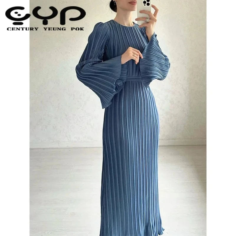 2024 Spring Autumn Women New Fashion Long Dress Women's Casual Solid Color Round Neck Dress Trumpet Sleeve Pleated Abaya Dress