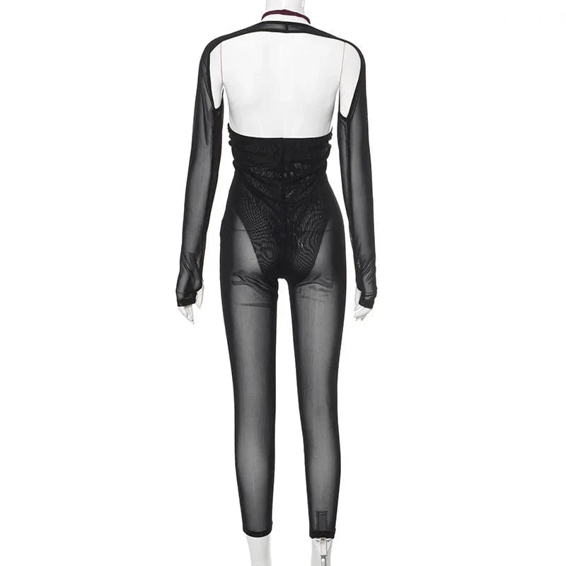 2024 spring boutique fashion patchwork mesh one piece women's jumpsuits playsuits