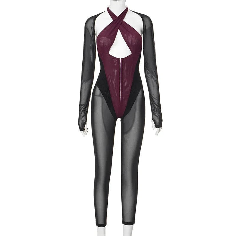 2024 spring boutique fashion patchwork mesh one piece women's jumpsuits playsuits