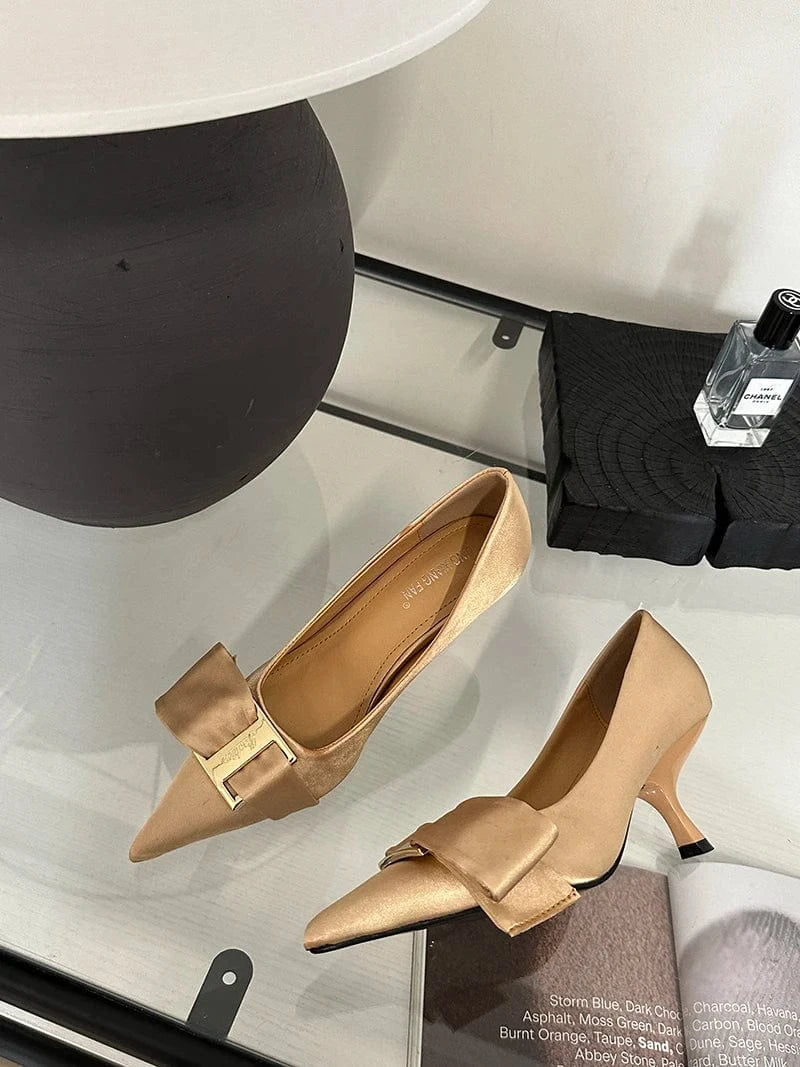 2024 spring bow high-heeled shoes fashionable pointed stiletto shoes comfortable all-match commuter women's shoes