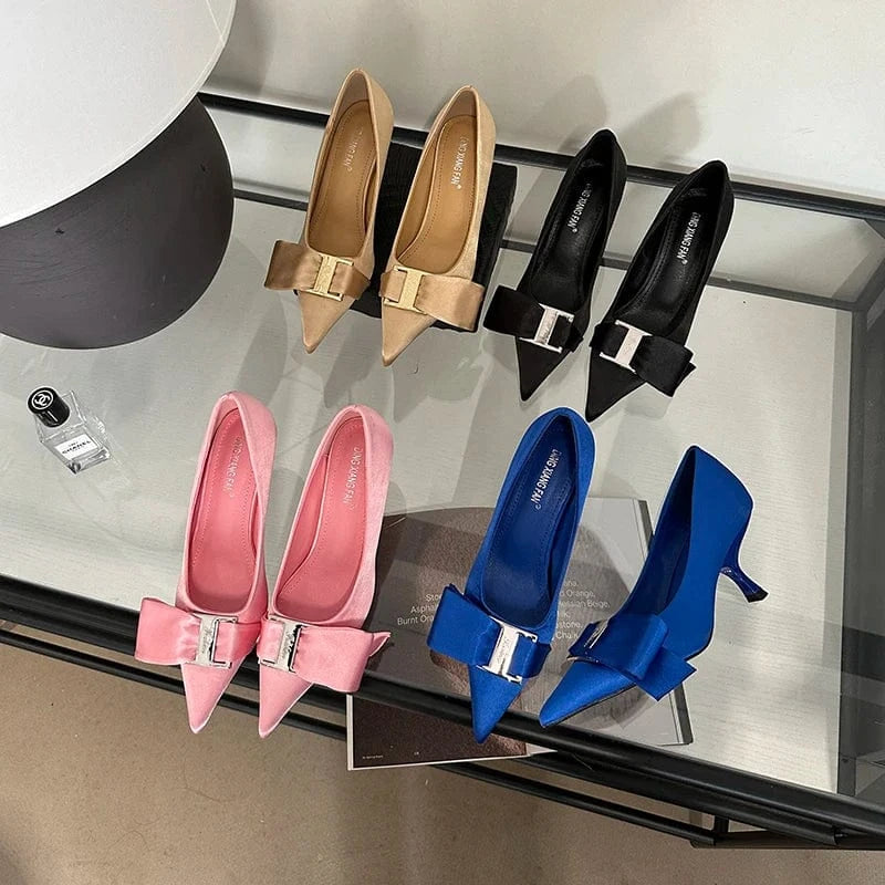 2024 spring bow high-heeled shoes fashionable pointed stiletto shoes comfortable all-match commuter women's shoes