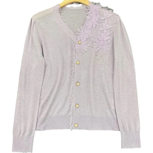2024 Spring Elegant Style Women Lace Appliques V-neckline Single-breasted Cardigan Office Lady Slim Beading Fitted Coat