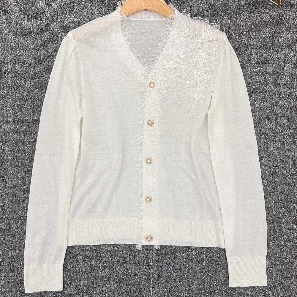 2024 Spring Elegant Style Women Lace Appliques V-neckline Single-breasted Cardigan Office Lady Slim Beading Fitted Coat