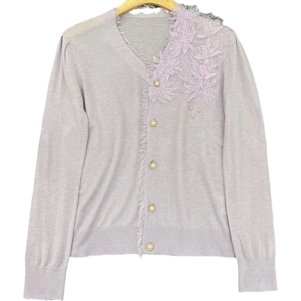 2024 Spring Elegant Style Women Lace Appliques V-neckline Single-breasted Cardigan Office Lady Slim Beading Fitted Coat