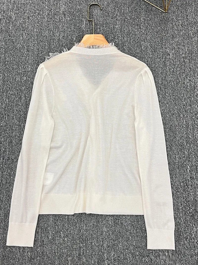 2024 Spring Elegant Style Women Lace Appliques V-neckline Single-breasted Cardigan Office Lady Slim Beading Fitted Coat