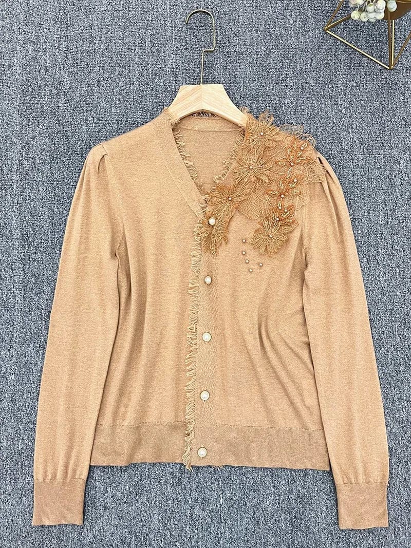 2024 Spring Elegant Style Women Lace Appliques V-neckline Single-breasted Cardigan Office Lady Slim Beading Fitted Coat