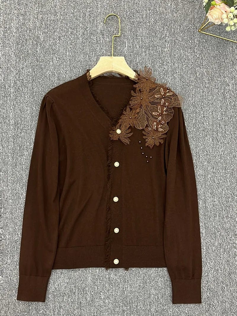 2024 Spring Elegant Style Women Lace Appliques V-neckline Single-breasted Cardigan Office Lady Slim Beading Fitted Coat