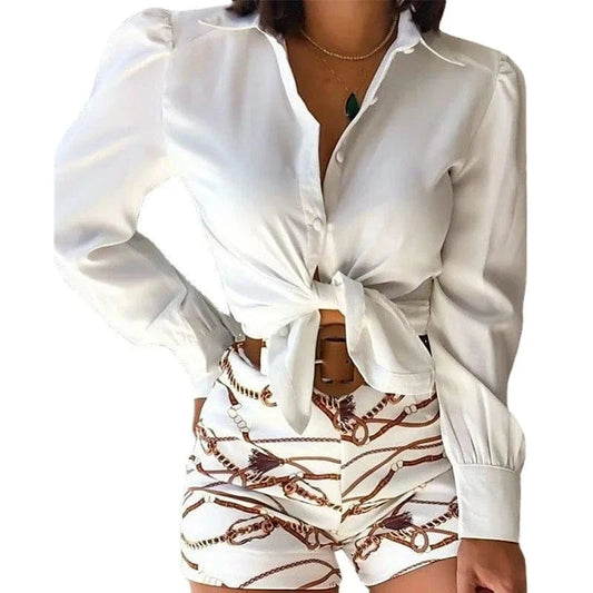 2024 Spring  Fashion Leisure Suit Solid Color Long Sleeve Lapel Shirt Printed Shorts belt 3-piece Set Women Suit three Piece Set