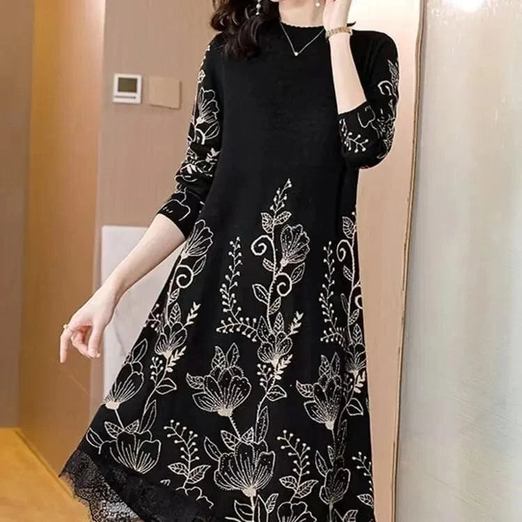 2024 spring fashion women's best-selling crew-neck long sleeve loose flower jacquard high-quality knitted pullover sweater dress