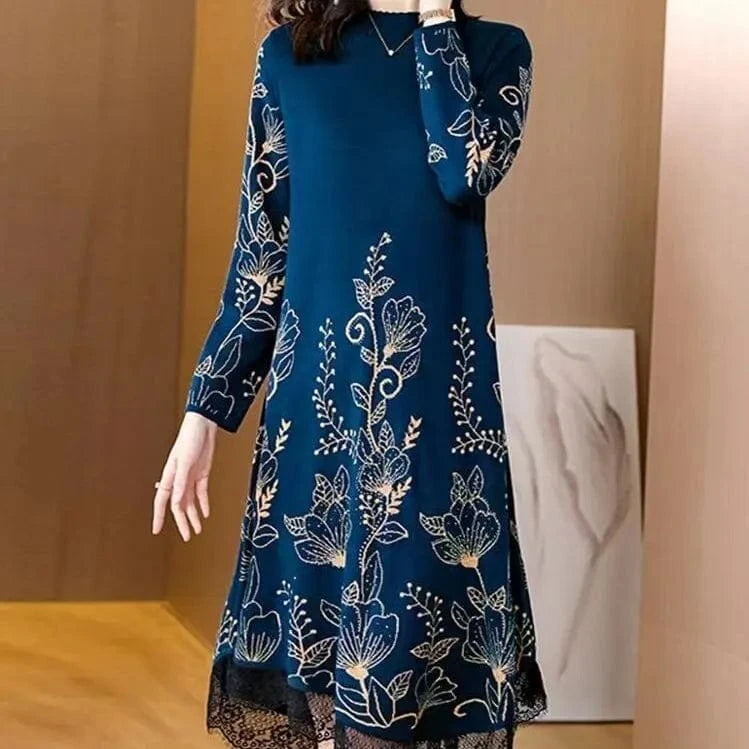 2024 spring fashion women's best-selling crew-neck long sleeve loose flower jacquard high-quality knitted pullover sweater dress