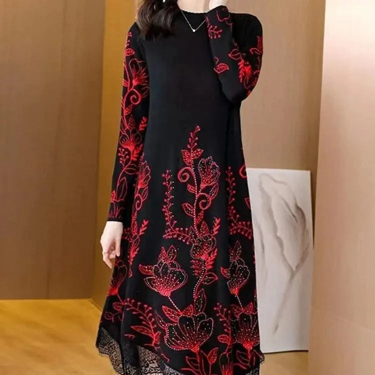 2024 spring fashion women's best-selling crew-neck long sleeve loose flower jacquard high-quality knitted pullover sweater dress