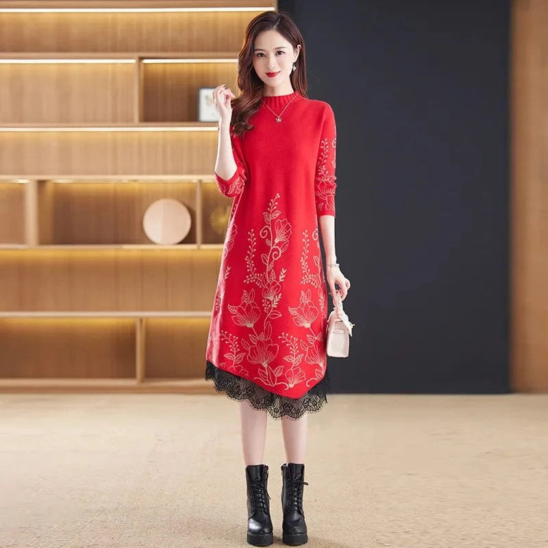 2024 spring fashion women's best-selling crew-neck long sleeve loose flower jacquard high-quality knitted pullover sweater dress