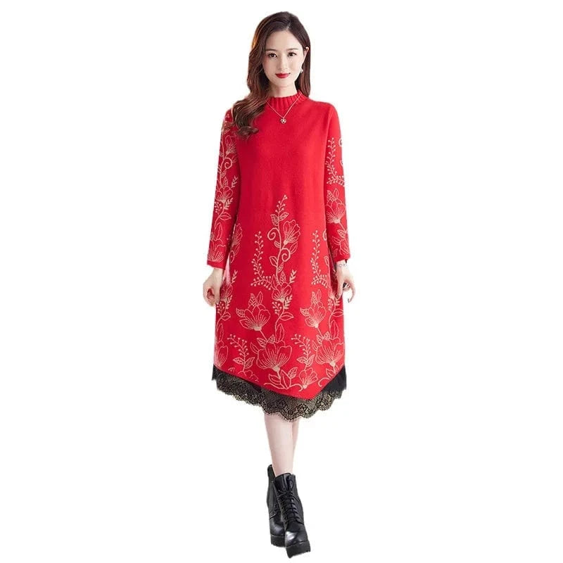 2024 spring fashion women's best-selling crew-neck long sleeve loose flower jacquard high-quality knitted pullover sweater dress