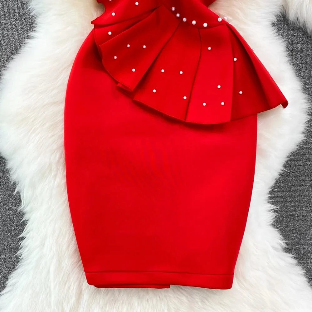 2024 Spring Fashion Women Slim Sleeveless Beaded Pleated Sheath Split Halter Package Hip Gown Dresses