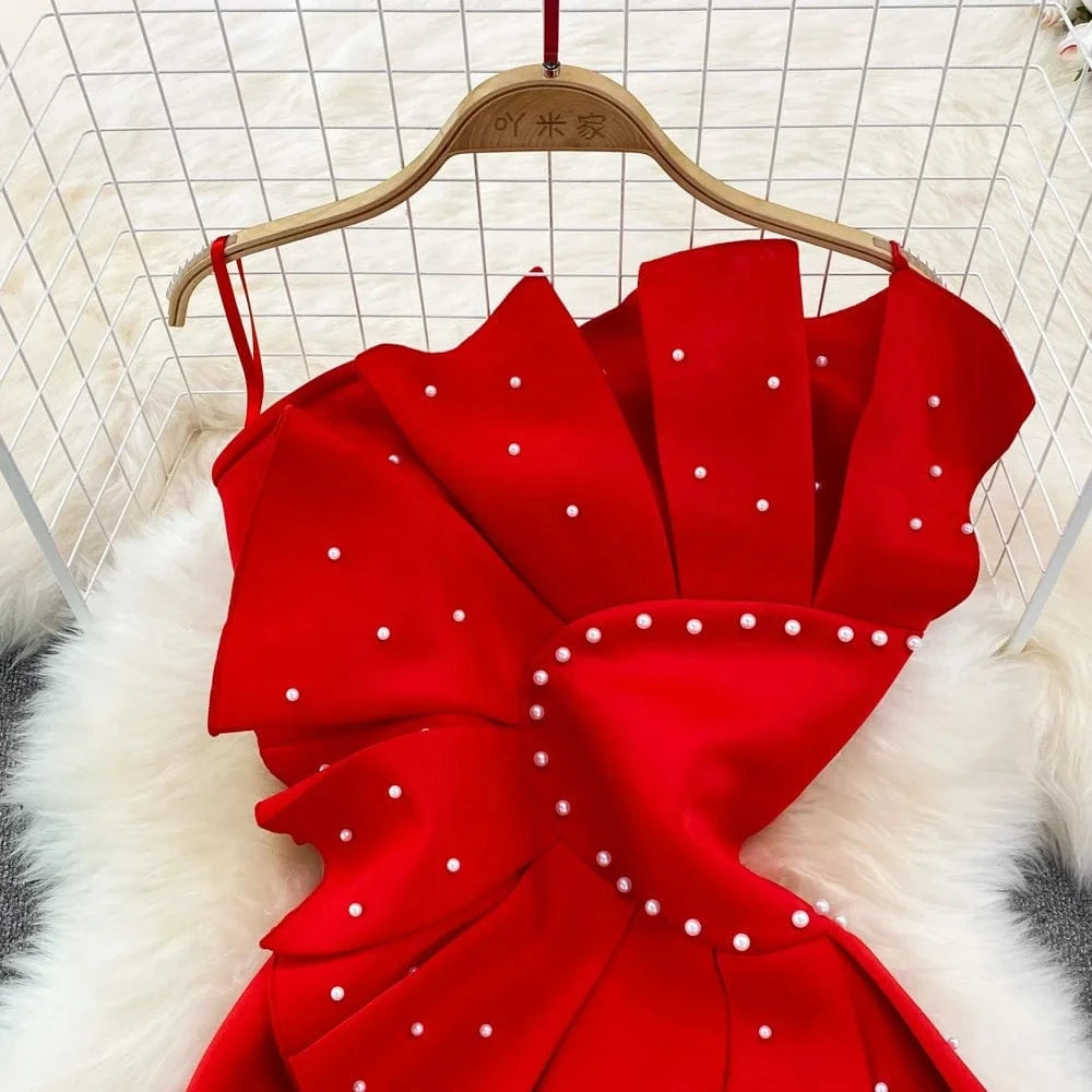 2024 Spring Fashion Women Slim Sleeveless Beaded Pleated Sheath Split Halter Package Hip Gown Dresses