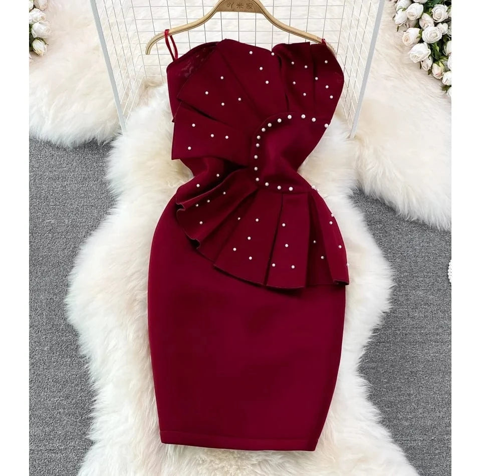 2024 Spring Fashion Women Slim Sleeveless Beaded Pleated Sheath Split Halter Package Hip Gown Dresses