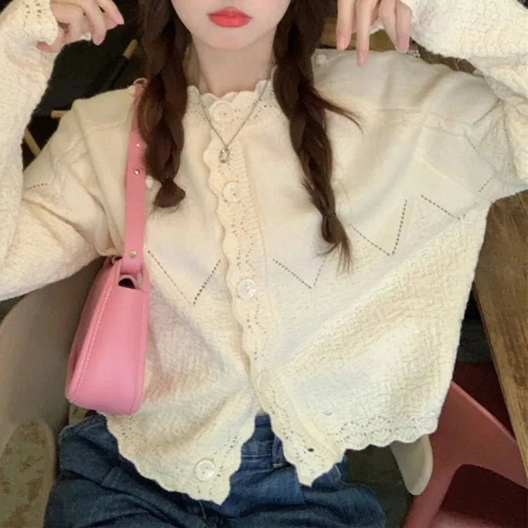 2024 Spring Fashionable girls long sleeve free size sweet style cable knit women sweater cardigan