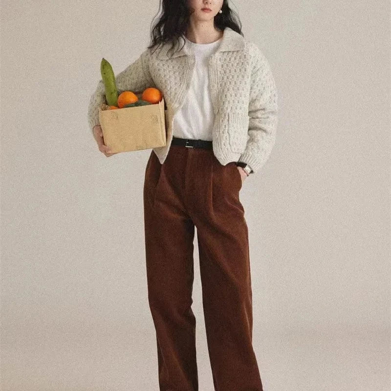 2024 Spring fashionable women crew neck lapel long sleeve solid crochet sweater cardigan