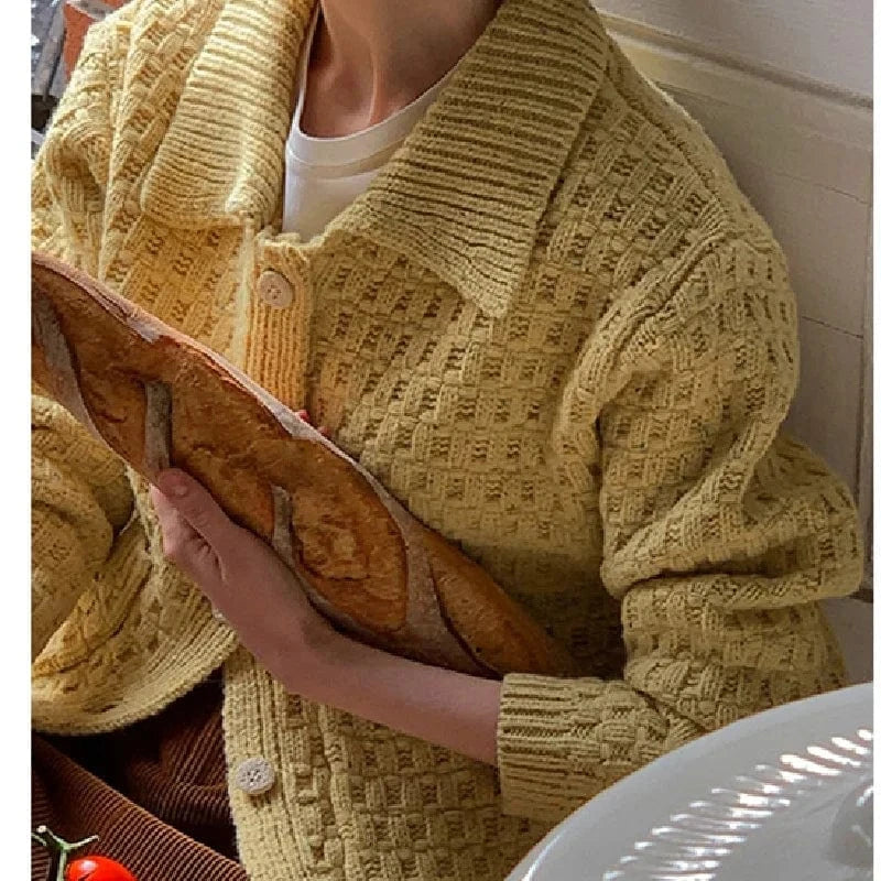 2024 Spring fashionable women crew neck lapel long sleeve solid crochet sweater cardigan