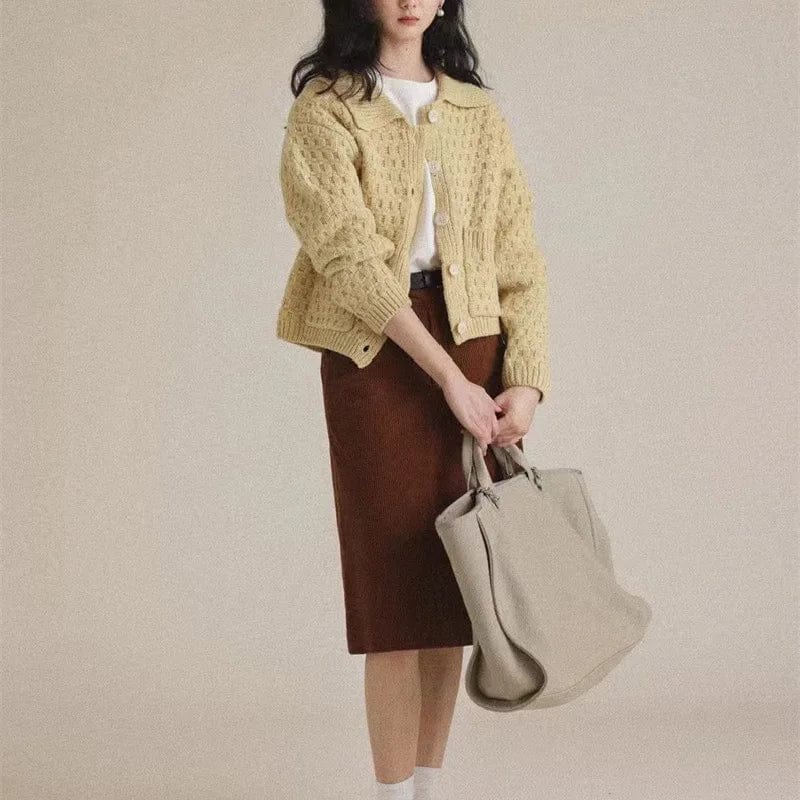 2024 Spring fashionable women crew neck lapel long sleeve solid crochet sweater cardigan