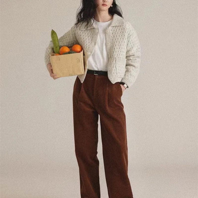 2024 Spring fashionable women crew neck lapel long sleeve solid crochet sweater cardigan