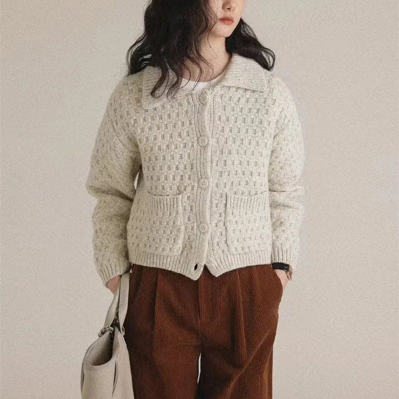 2024 Spring fashionable women crew neck lapel long sleeve solid crochet sweater cardigan