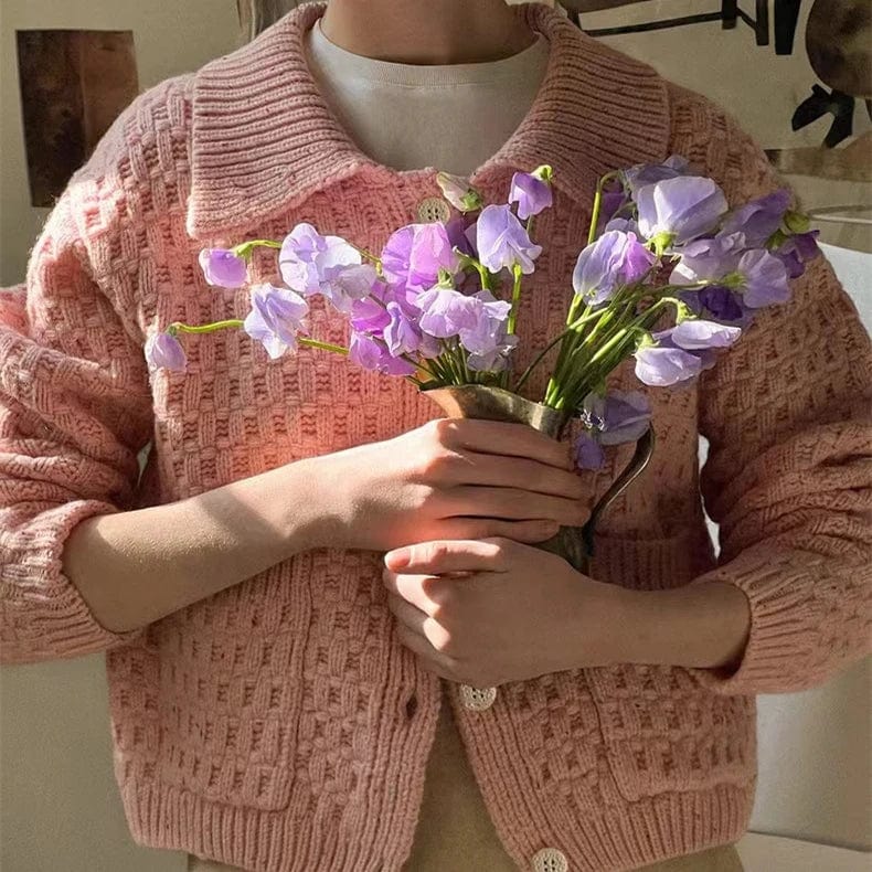 2024 Spring fashionable women crew neck lapel long sleeve solid crochet sweater cardigan