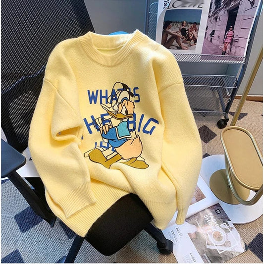 2024 Spring fashionable women crew neck long sleeve oversize cartoon duck jacquard pullover sweater