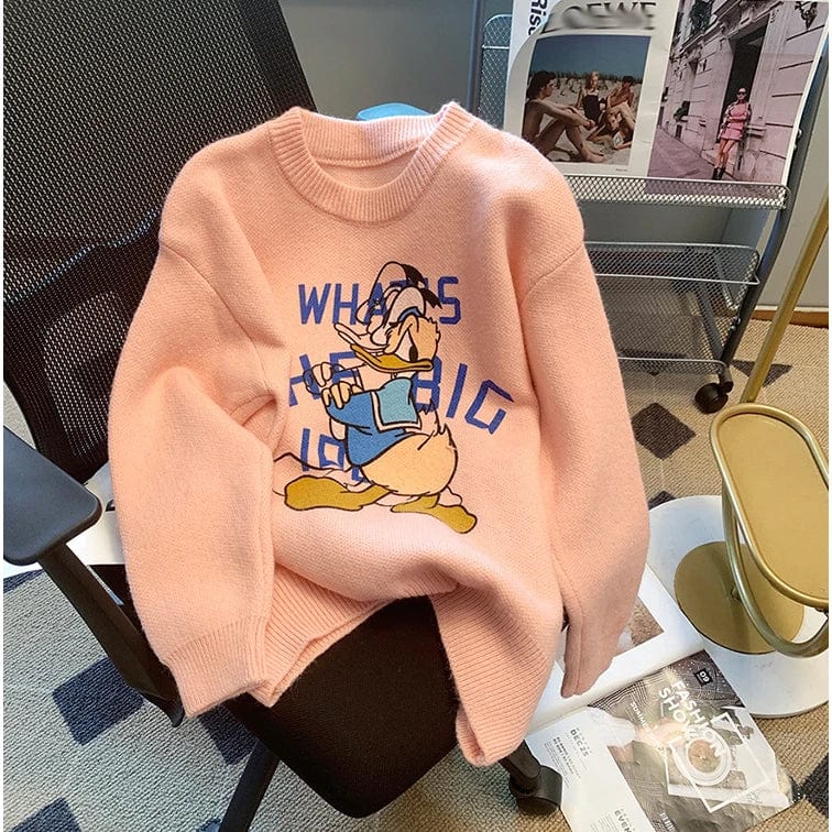 2024 Spring fashionable women crew neck long sleeve oversize cartoon duck jacquard pullover sweater