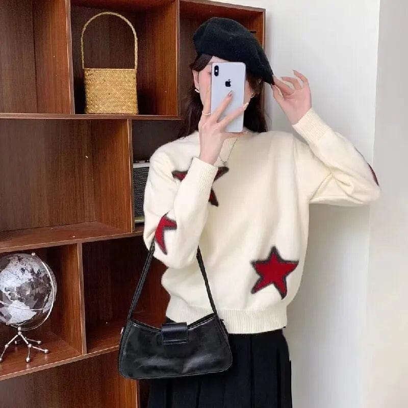 2024 spring high-quality best-selling round neck loose fashion women's solid color five-pointed star jacquard boutique knitwear