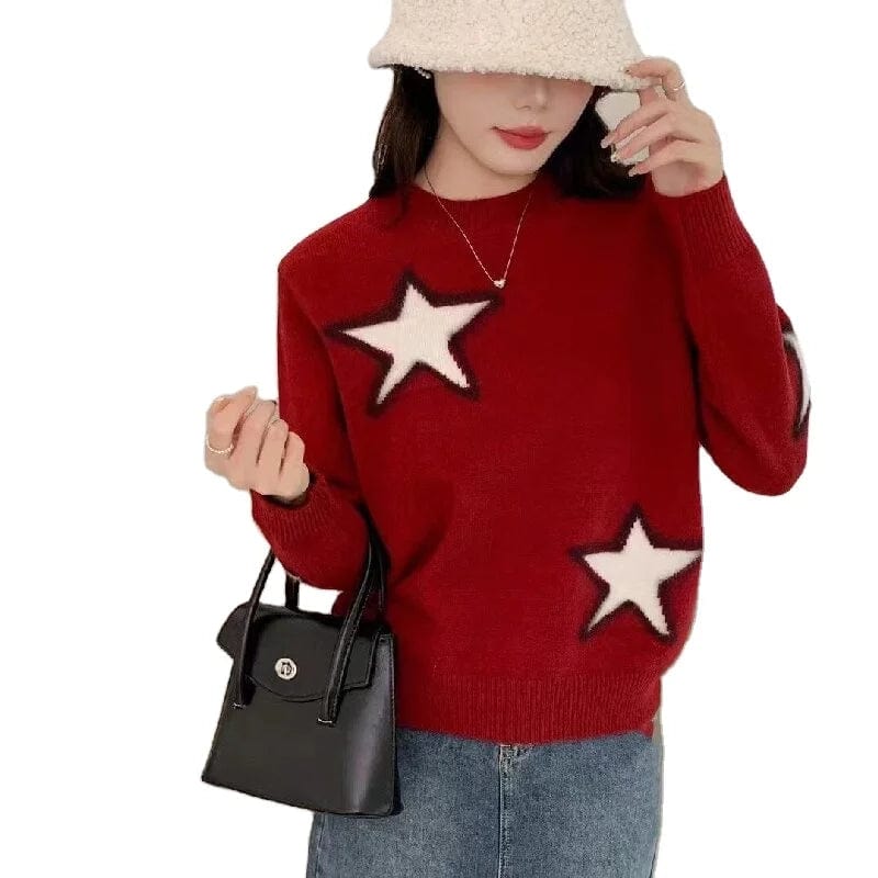 2024 spring high-quality best-selling round neck loose fashion women's solid color five-pointed star jacquard boutique knitwear