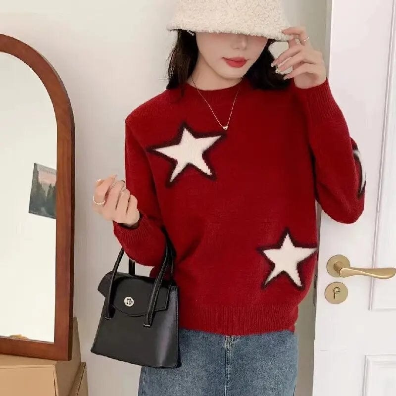2024 spring high-quality best-selling round neck loose fashion women's solid color five-pointed star jacquard boutique knitwear