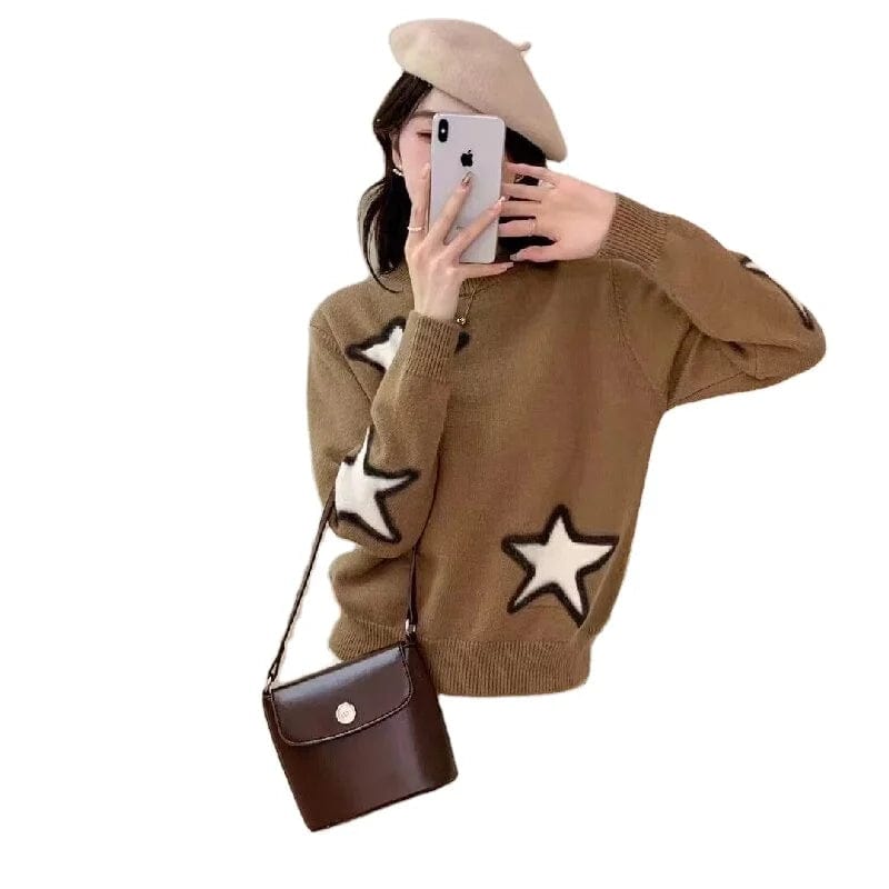 2024 spring high-quality best-selling round neck loose fashion women's solid color five-pointed star jacquard boutique knitwear