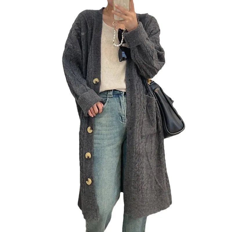 2024 spring high quality thickened solid color fashion women's cardigan V-neck button design long loose knitted long coat