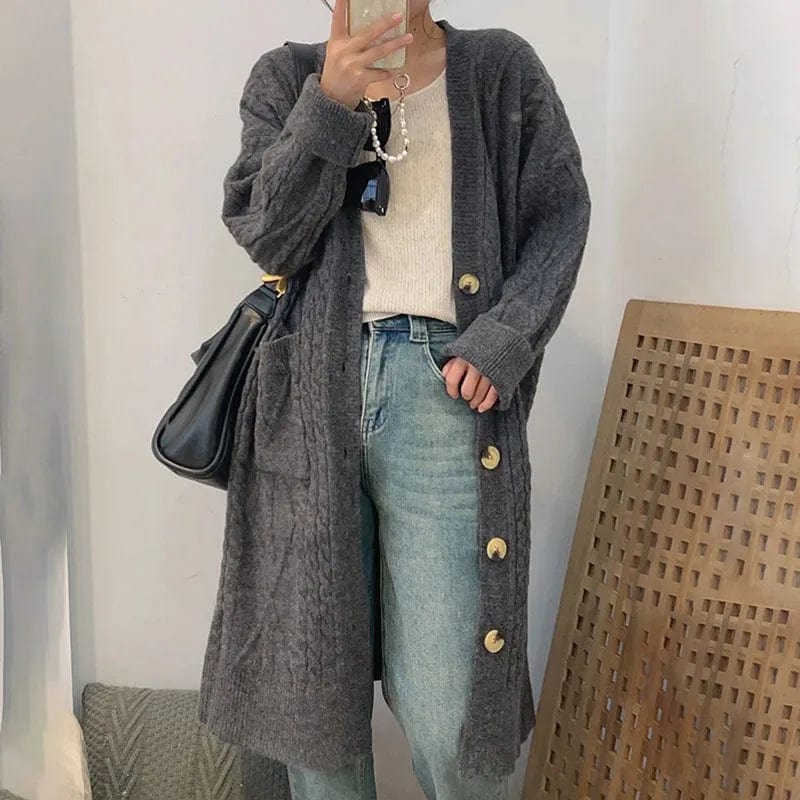 2024 spring high quality thickened solid color fashion women's cardigan V-neck button design long loose knitted long coat