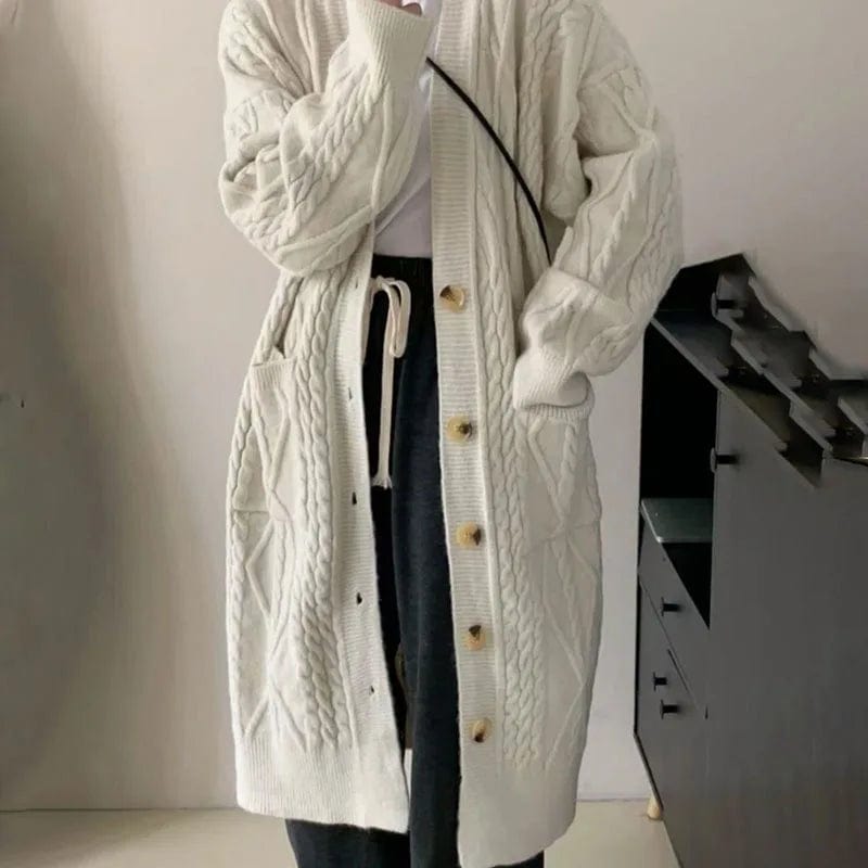 2024 spring high quality thickened solid color fashion women's cardigan V-neck button design long loose knitted long coat