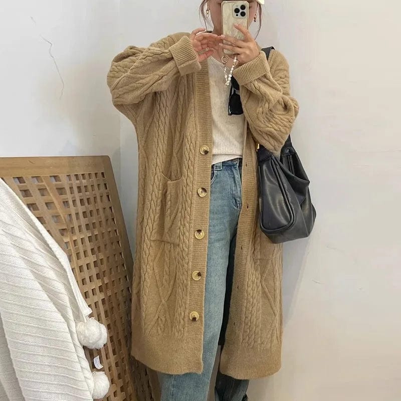 2024 spring high quality thickened solid color fashion women's cardigan V-neck button design long loose knitted long coat