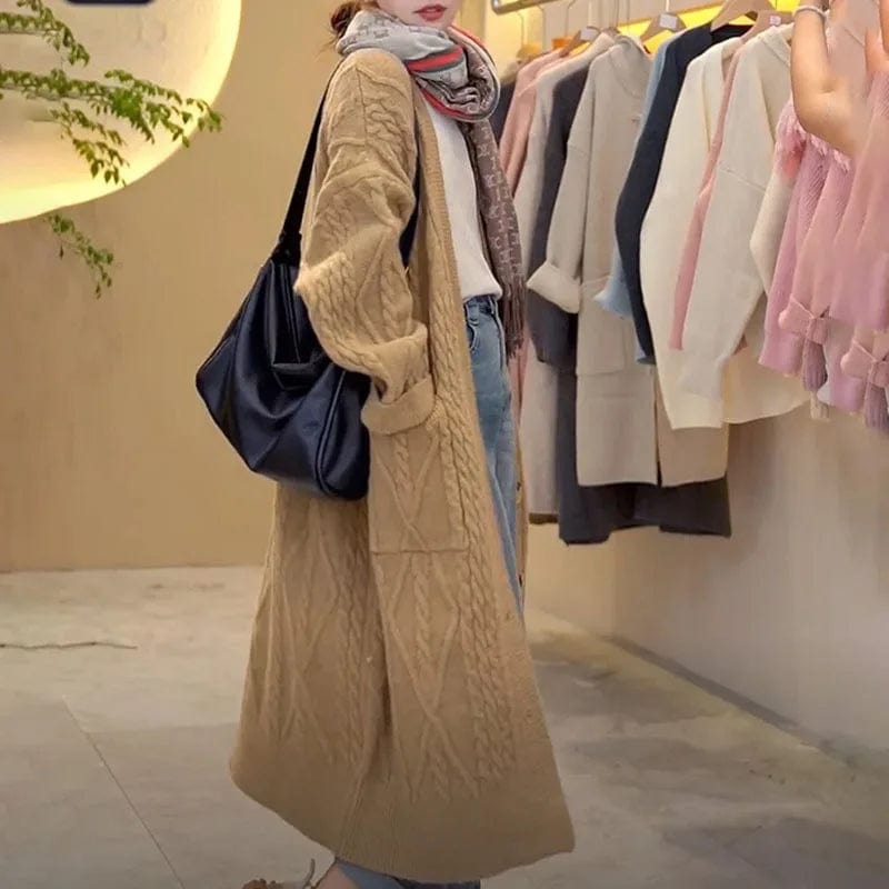 2024 spring high quality thickened solid color fashion women's cardigan V-neck button design long loose knitted long coat