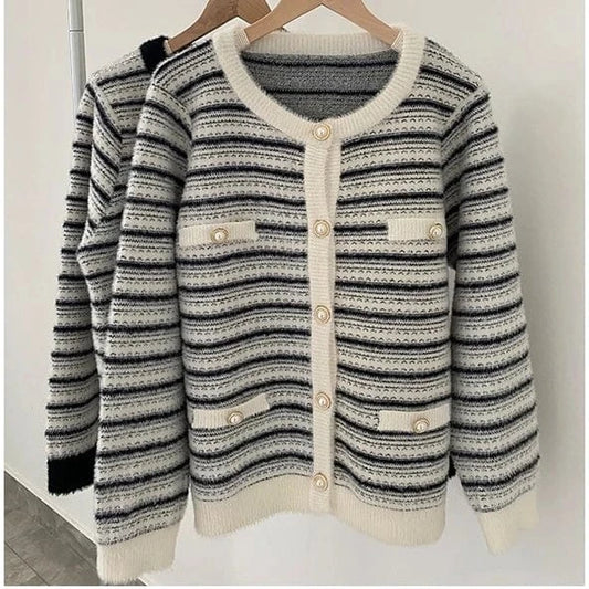2024 Spring  ladies long sleeve classic elegant cardigan striped crew neck high quality sweater coat