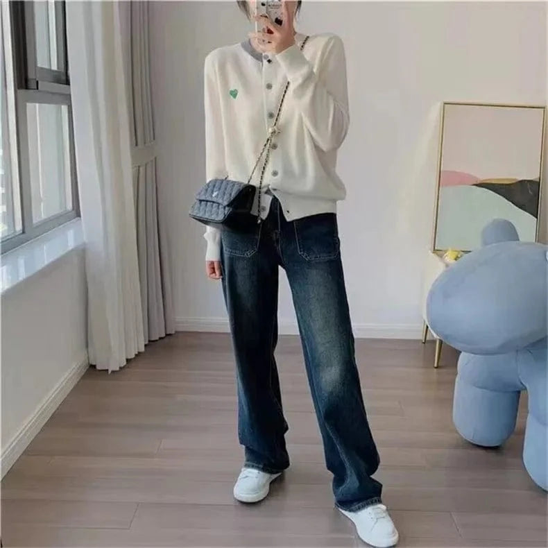 2024 Spring Ladies  long sleeve loose fitting love heart color blocking women sweater coat