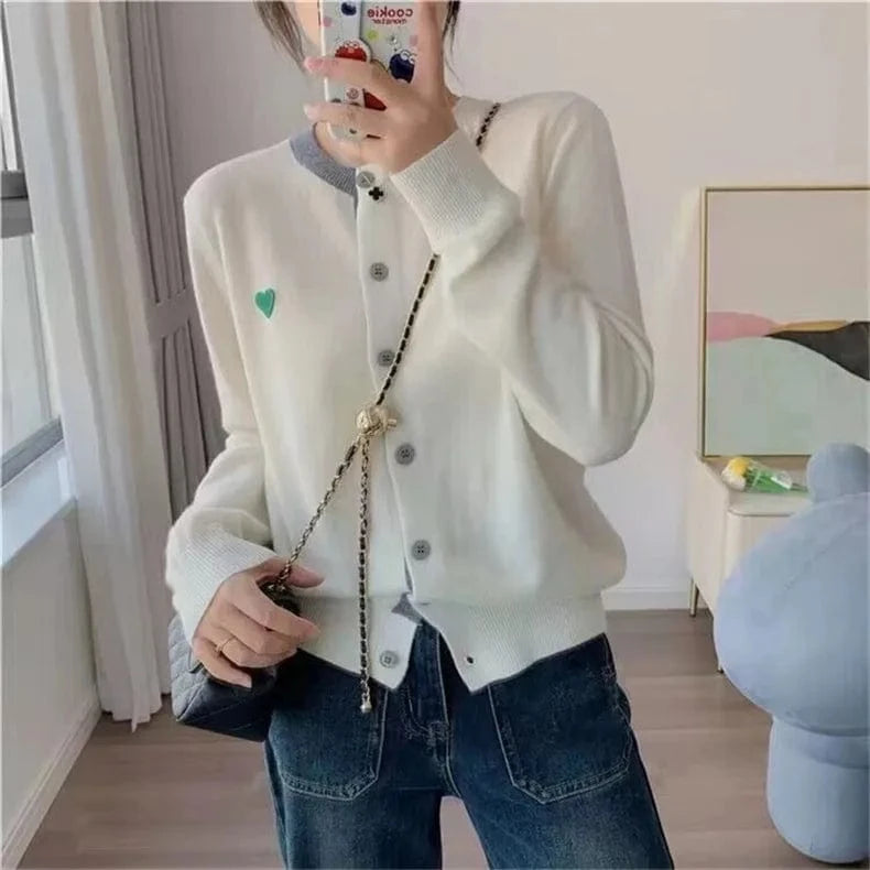 2024 Spring Ladies  long sleeve loose fitting love heart color blocking women sweater coat