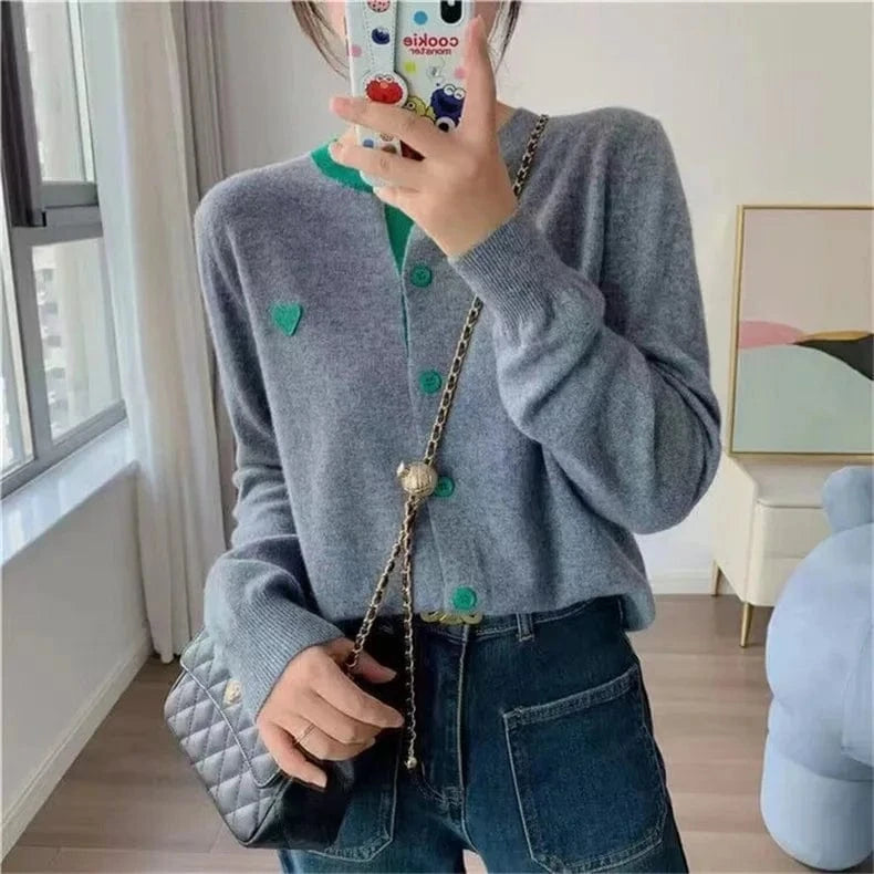 2024 Spring Ladies  long sleeve loose fitting love heart color blocking women sweater coat
