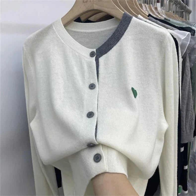 2024 Spring Ladies  long sleeve loose fitting love heart color blocking women sweater coat
