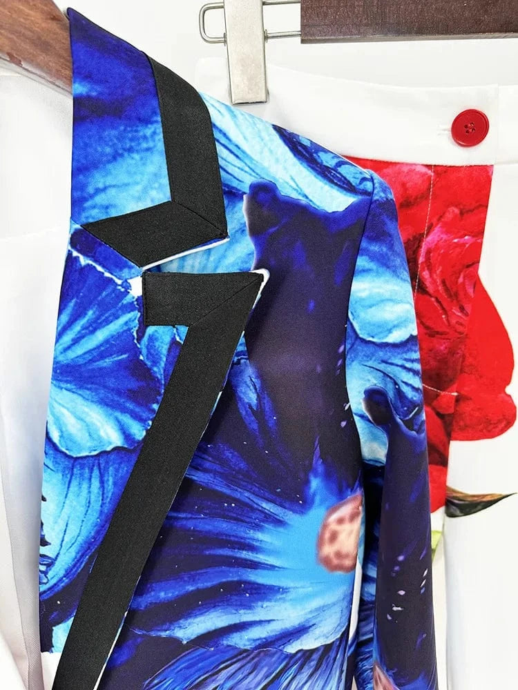 2024 Spring Lady Office High Quality Stylish Floral Suit Single Button Long Sleeve Blazer Flared Pants Women Casual 2Pcs