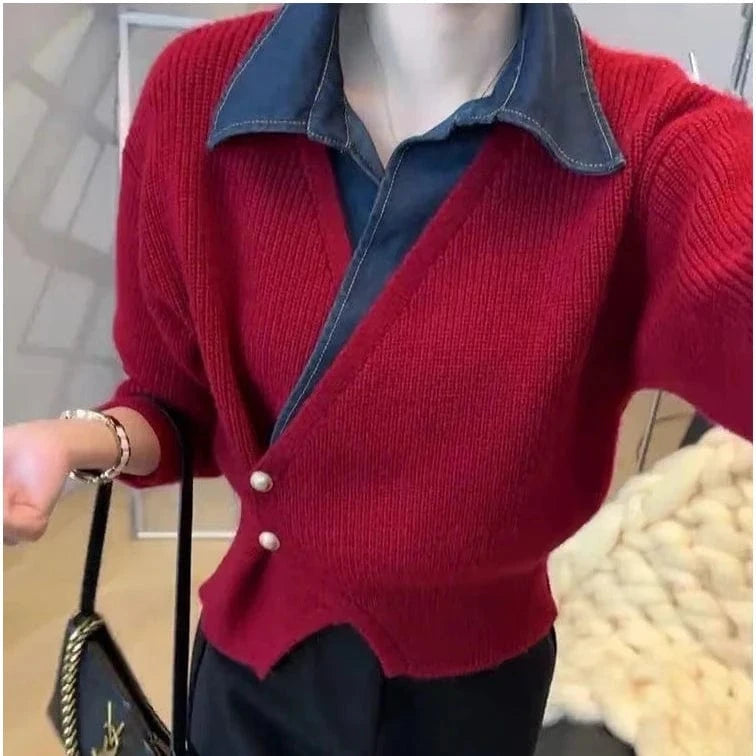 2024 Spring  lapel long sleeve cardigan denim patchwork knit fashionable women sweater coat