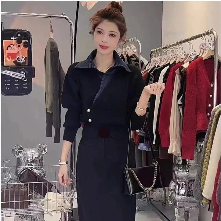 2024 Spring  lapel long sleeve cardigan denim patchwork knit fashionable women sweater coat