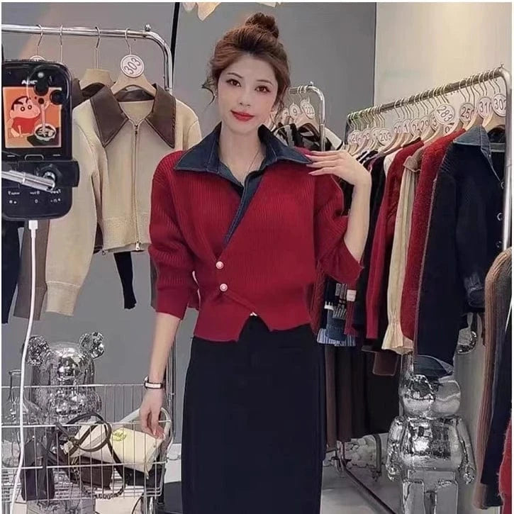 2024 Spring  lapel long sleeve cardigan denim patchwork knit fashionable women sweater coat