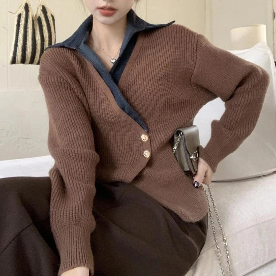 2024 Spring  lapel long sleeve cardigan denim patchwork knit fashionable women sweater coat